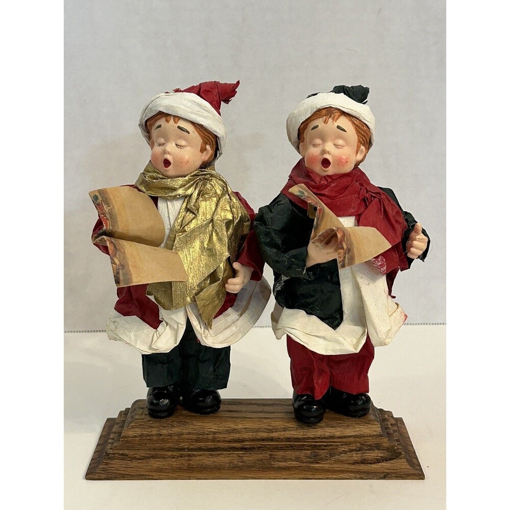Vintage Paper Mâché Choir Boys Wood Base Christmas Decor Holiday Music Red Green